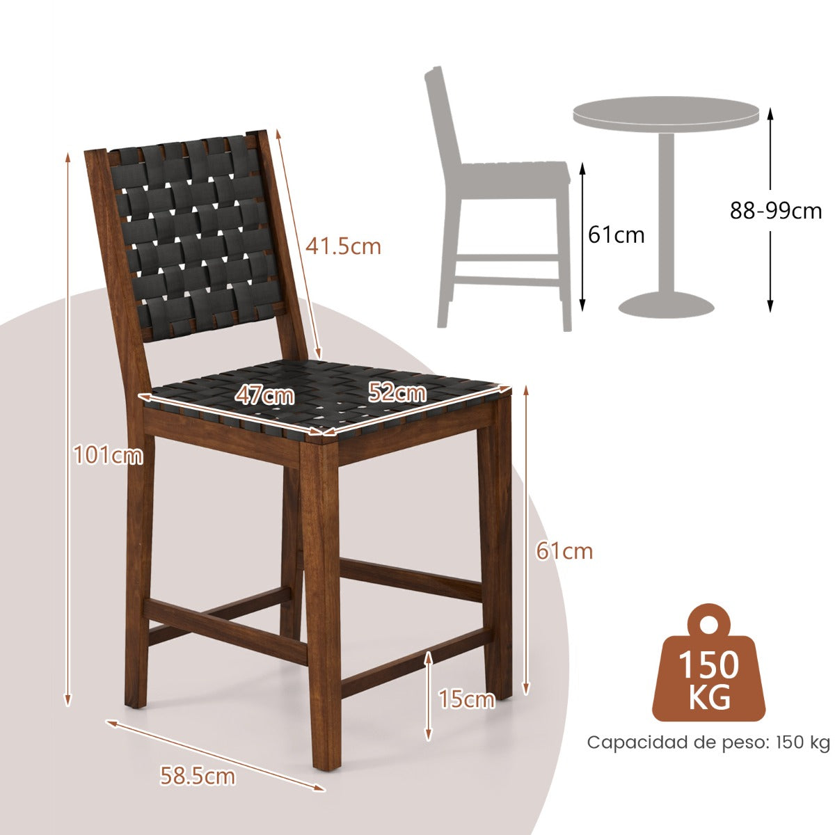 Set de 2 Sillas de Madera de Comedor con Correas de Cuero PU y Respaldo Cómodo para Cocina Bar y Restaurante 52 x 58,5 x 101 cm Marrón