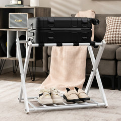 2 x Estante Plegable para Maletero Soporte de Metal para Maletas Hasta 60kg con 4 Correas Estables y Diseño de 2 Pisos para Hogar Hotel Blanco