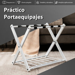 2 x Estante Plegable para Maletero Soporte de Metal para Maletas Hasta 60kg con 4 Correas Estables y Diseño de 2 Pisos para Hogar Hotel Blanco