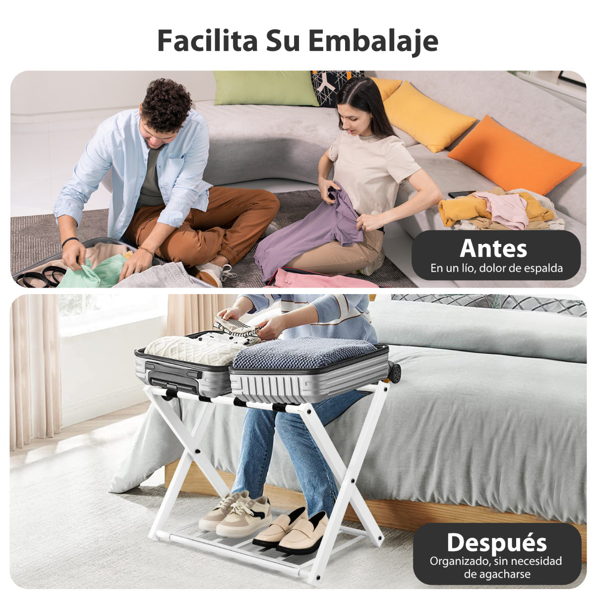2 x Estante Plegable para Maletero Soporte de Metal para Maletas Hasta 60kg con 4 Correas Estables y Diseño de 2 Pisos para Hogar Hotel Blanco