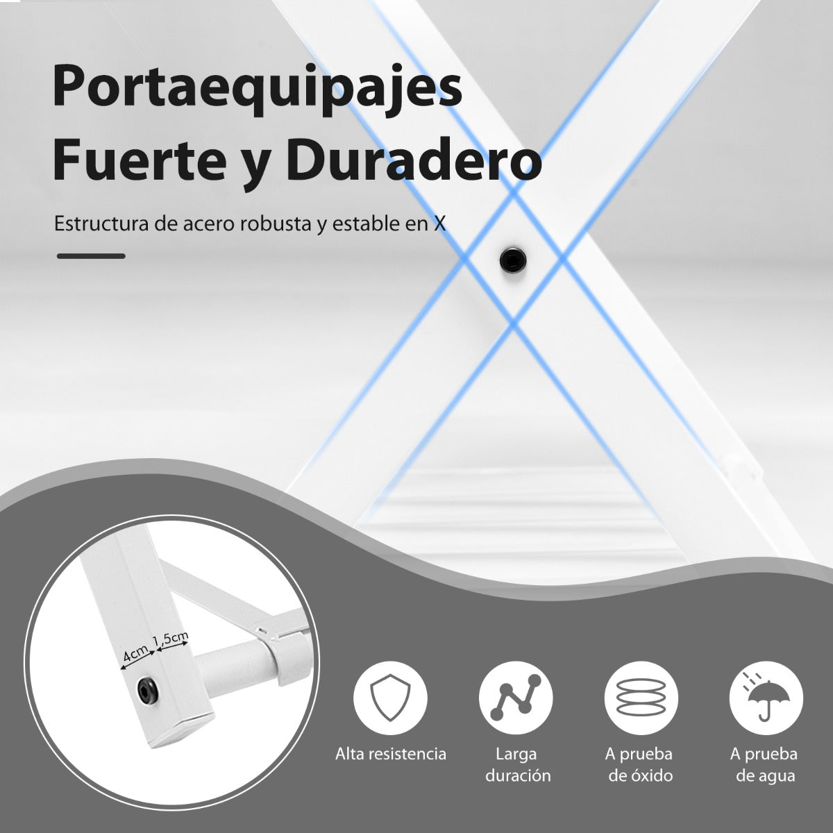 2 x Estante Plegable para Maletero Soporte de Metal para Maletas Hasta 60kg con 4 Correas Estables y Diseño de 2 Pisos para Hogar Hotel Blanco