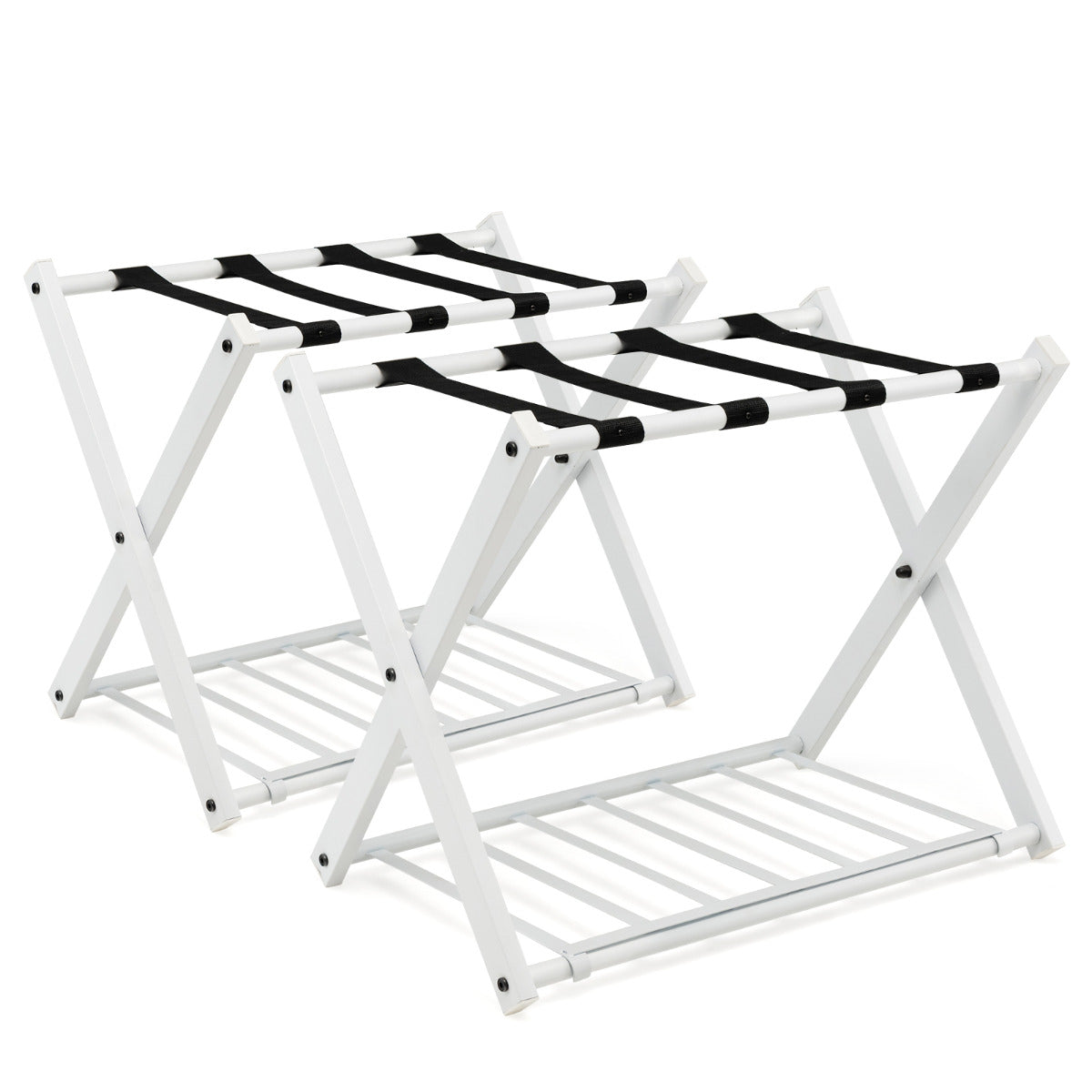 2 x Estante Plegable para Maletero Soporte de Metal para Maletas Hasta 60kg con 4 Correas Estables y Diseño de 2 Pisos para Hogar Hotel Blanco