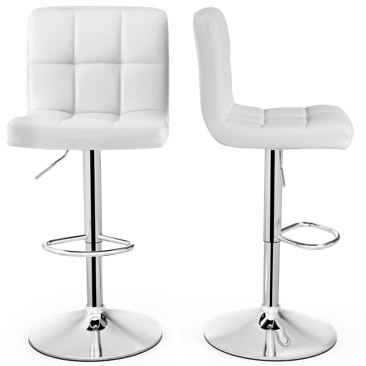 Juego de 2 Taburetes de Piel Sintética con Altura Ajustable Asiento Giratorio de 360° Reposapiés y Base Metálica Silla de Comedor Blanco