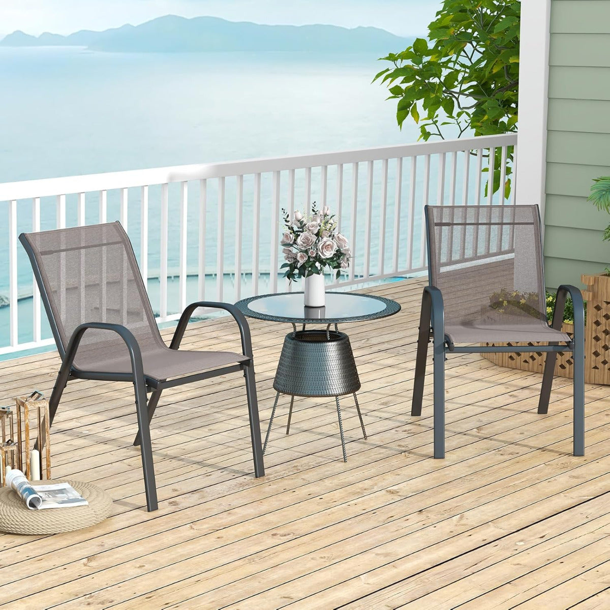 Juego de 2 Sillas de Jardín Apilables de Comedor Tejido Transpirable Estructura Resistente para Exterior Patio Playa 55 x 67 x 83 cm Gris
