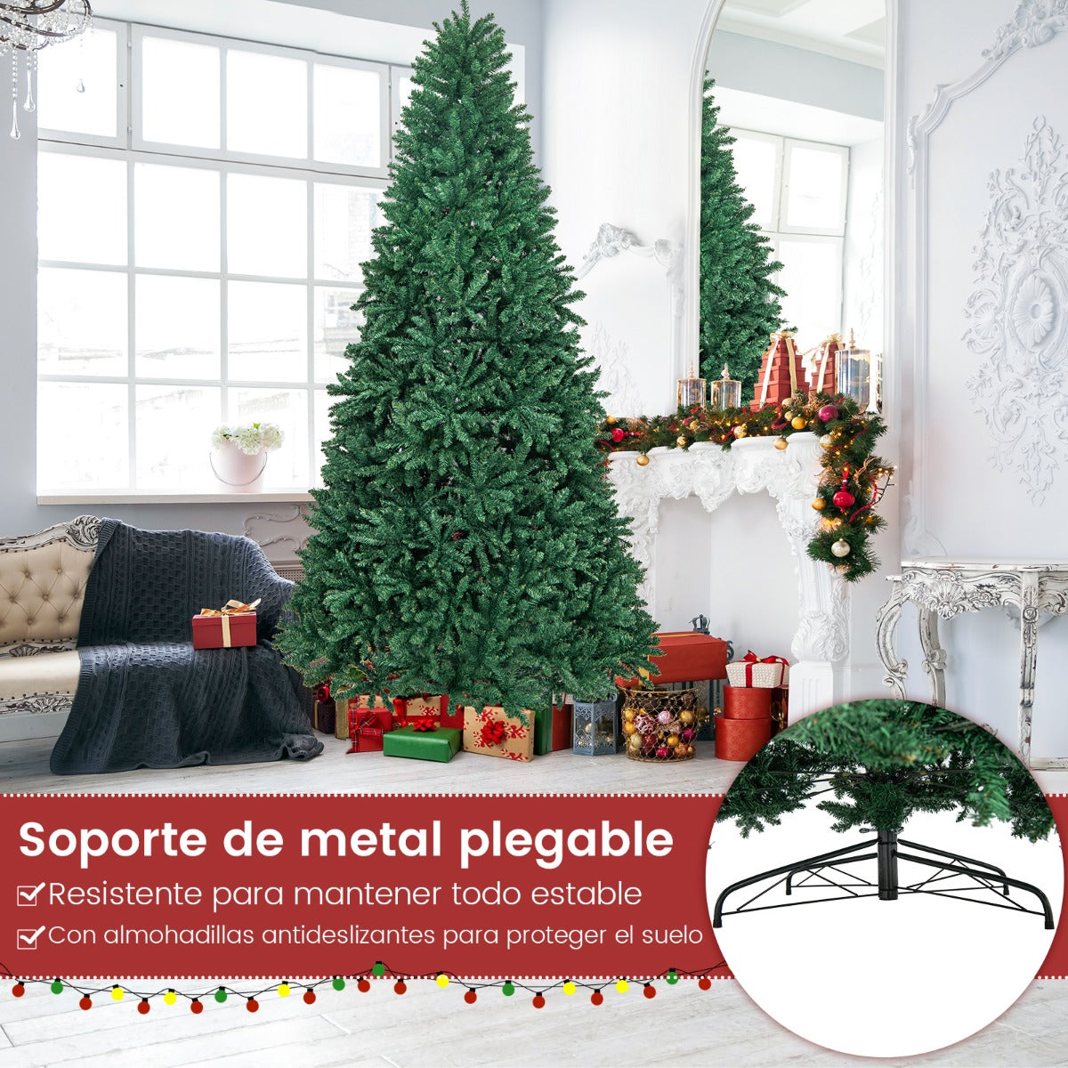 2,70m Árbol de Navidad Abeto Artificial No Iluminado con Base Plegable de Metal Decoración para Casa Oficina