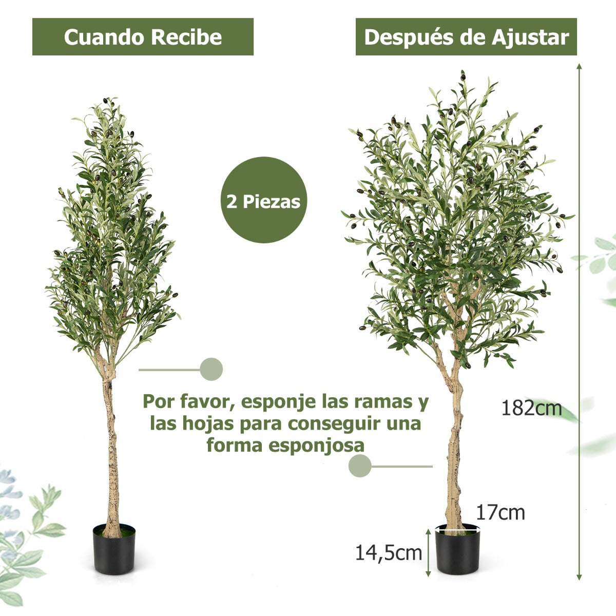 Juego de 1 Árboles de Olivo Artificial 182 cm Plantas Falsas Decorativas de Imitación en Maceta de Cemento para Interior Oficina Casa