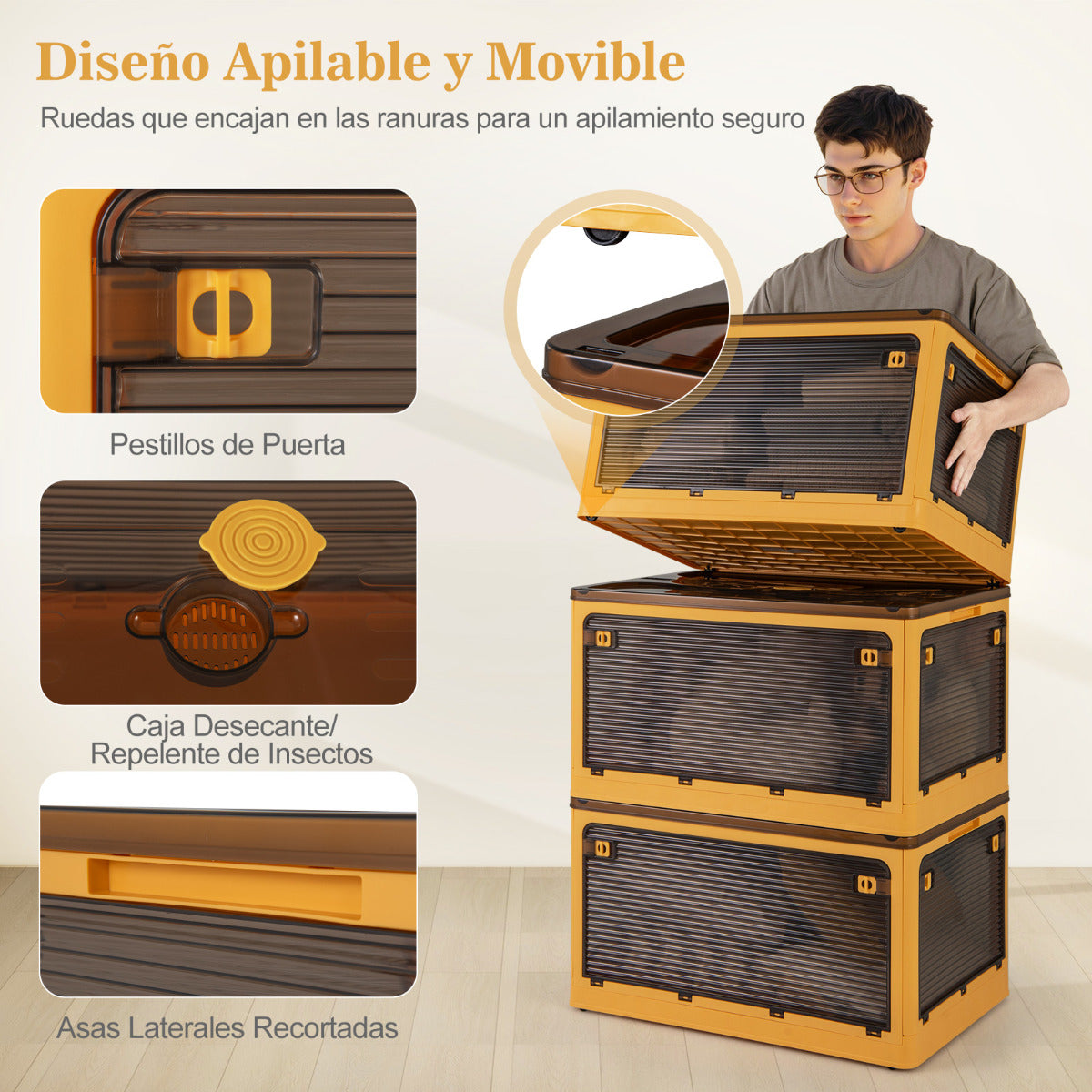 Juego de 3 Contenedores Plegables Apilables con Tapas 292,5L con Ruedas y 5 Puertas Cajas para Organización de Oficina Casa Camping Amarillo