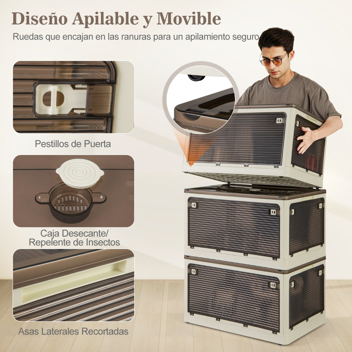 Juego de 3 Contenedores Plegables Apilables con Tapas 292,5L con Ruedas y 5 Puertas Cajas para Organización de Oficina Casa Camping Blanco