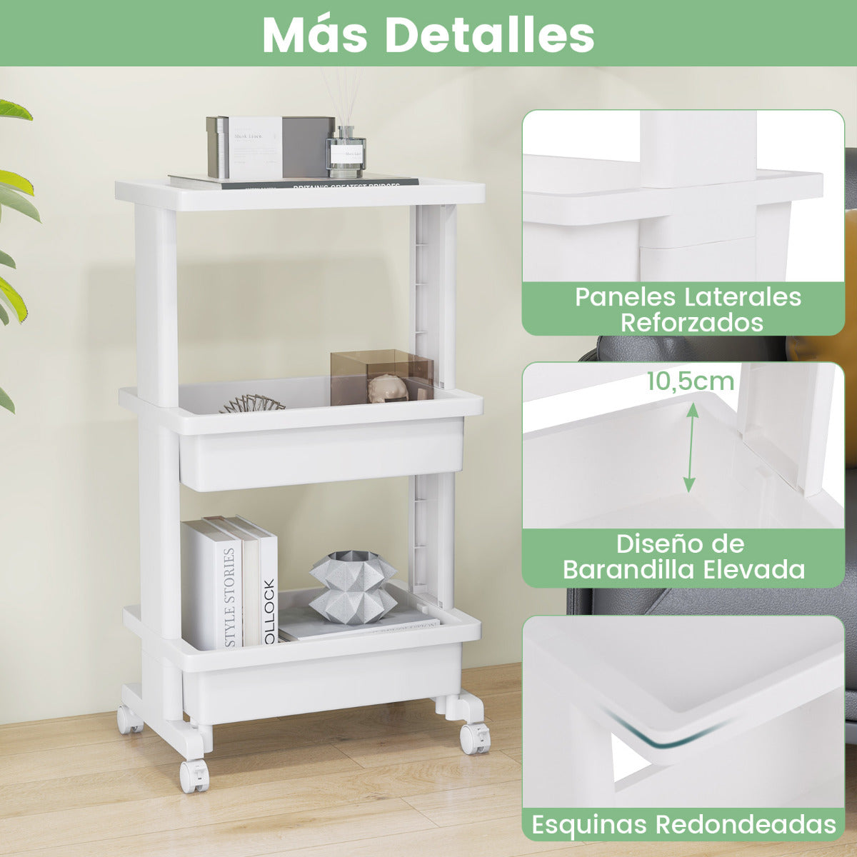 Carro Rodante de 3 Niveles con Mesa Utilitario de Plástico Ruedas Carro de Almacenamiento para Cocina Baño Oficina 45 x 30 x 81 cm Blanco