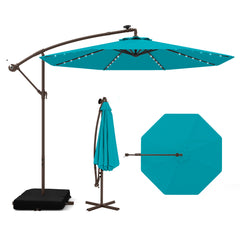 3m Sombrilla con Manivela 32 Luces LED Panel Solar Parasol Base Saco de Arena Toldo Impermeable para Playa Patio Jardín Piscina Turquesa