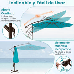 3m Sombrilla con Manivela 32 Luces LED Panel Solar Parasol Base Saco de Arena Toldo Impermeable para Playa Patio Jardín Piscina Turquesa