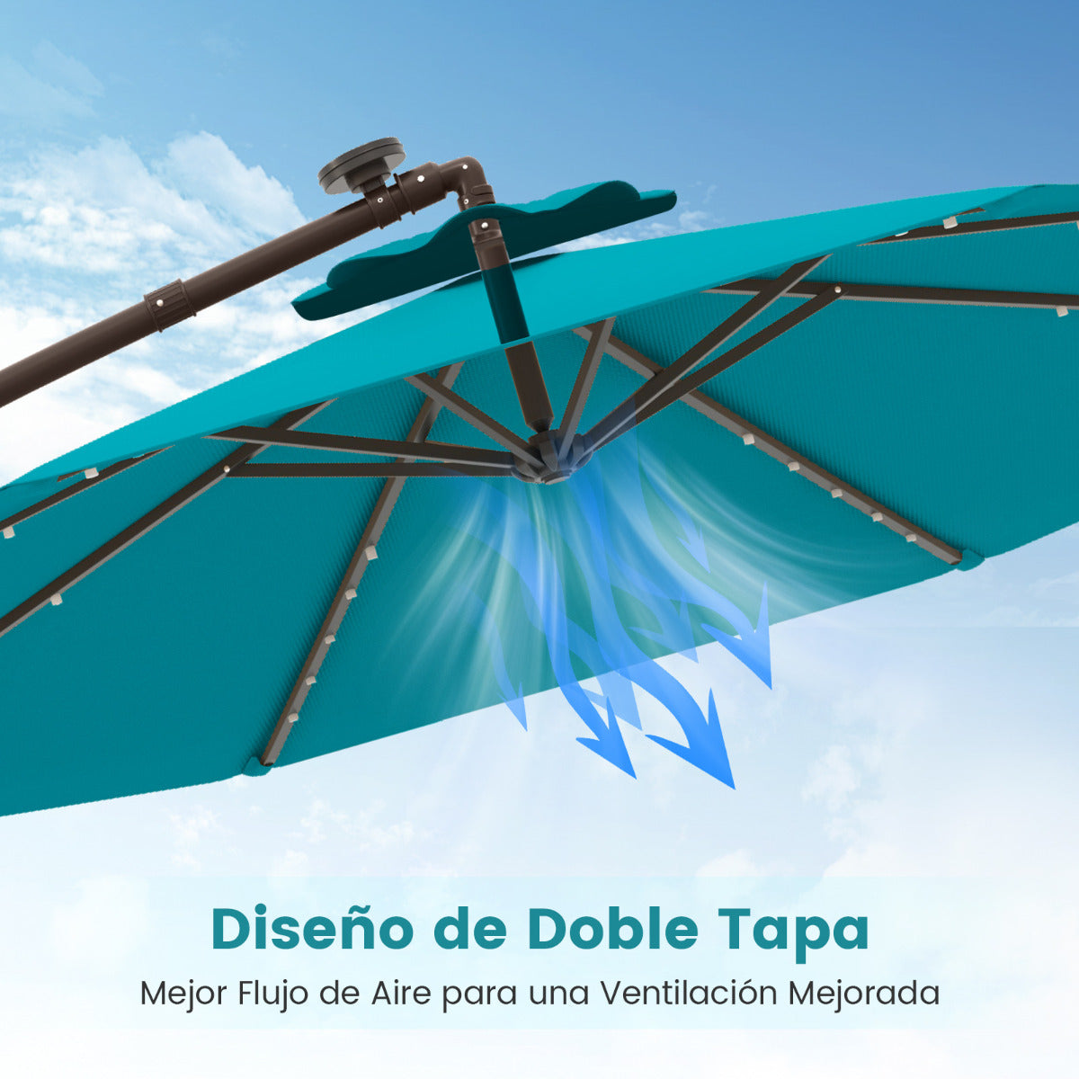 3m Sombrilla con Manivela 32 Luces LED Panel Solar Parasol Base Saco de Arena Toldo Impermeable para Playa Patio Jardín Piscina Turquesa