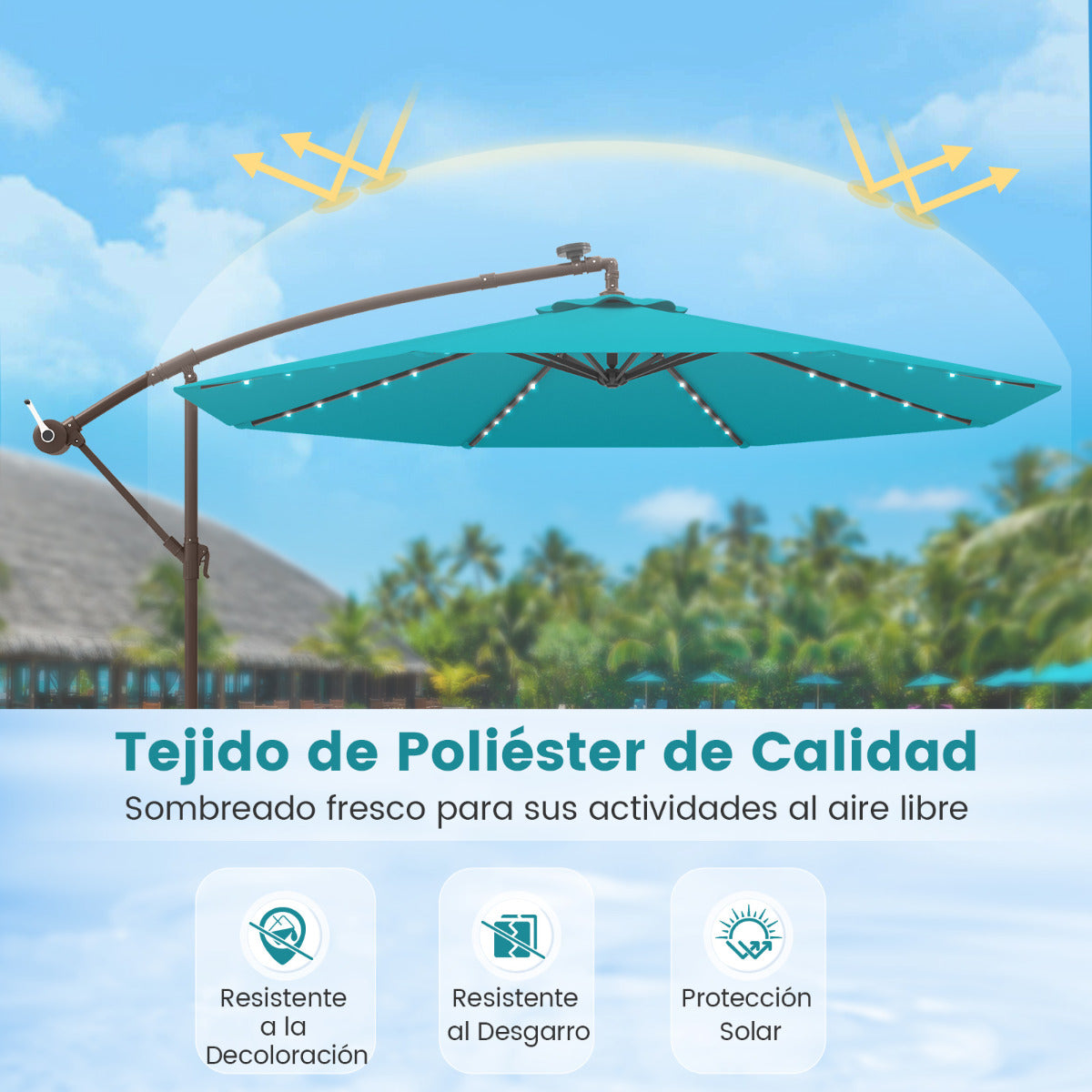 3m Sombrilla con Manivela 32 Luces LED Panel Solar Parasol Base Saco de Arena Toldo Impermeable para Playa Patio Jardín Piscina Turquesa