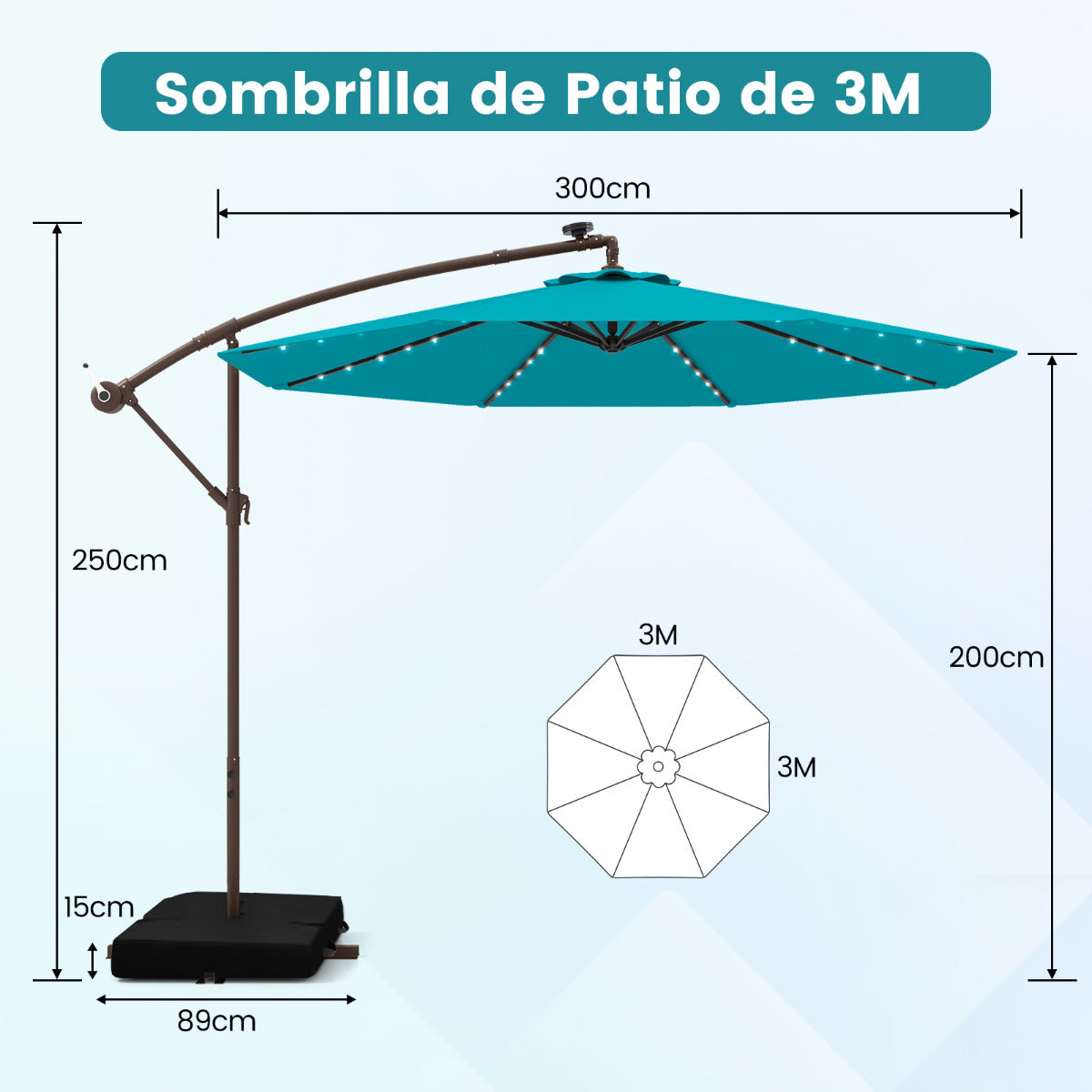 3m Sombrilla con Manivela 32 Luces LED Panel Solar Parasol Base Saco de Arena Toldo Impermeable para Playa Patio Jardín Piscina Turquesa