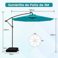 3m Sombrilla con Manivela 32 Luces LED Panel Solar Parasol Base Saco de Arena Toldo Impermeable para Playa Patio Jardín Piscina Turquesa