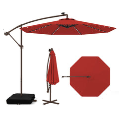 3m Sombrilla con Manivela 32 Luces LED Panel Solar Parasol Base Saco de Arena Toldo Impermeable para Playa Patio Jardín Piscina Rojo Vino