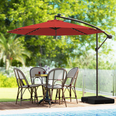 3m Sombrilla con Manivela 32 Luces LED Panel Solar Parasol Base Saco de Arena Toldo Impermeable para Playa Patio Jardín Piscina Rojo Vino