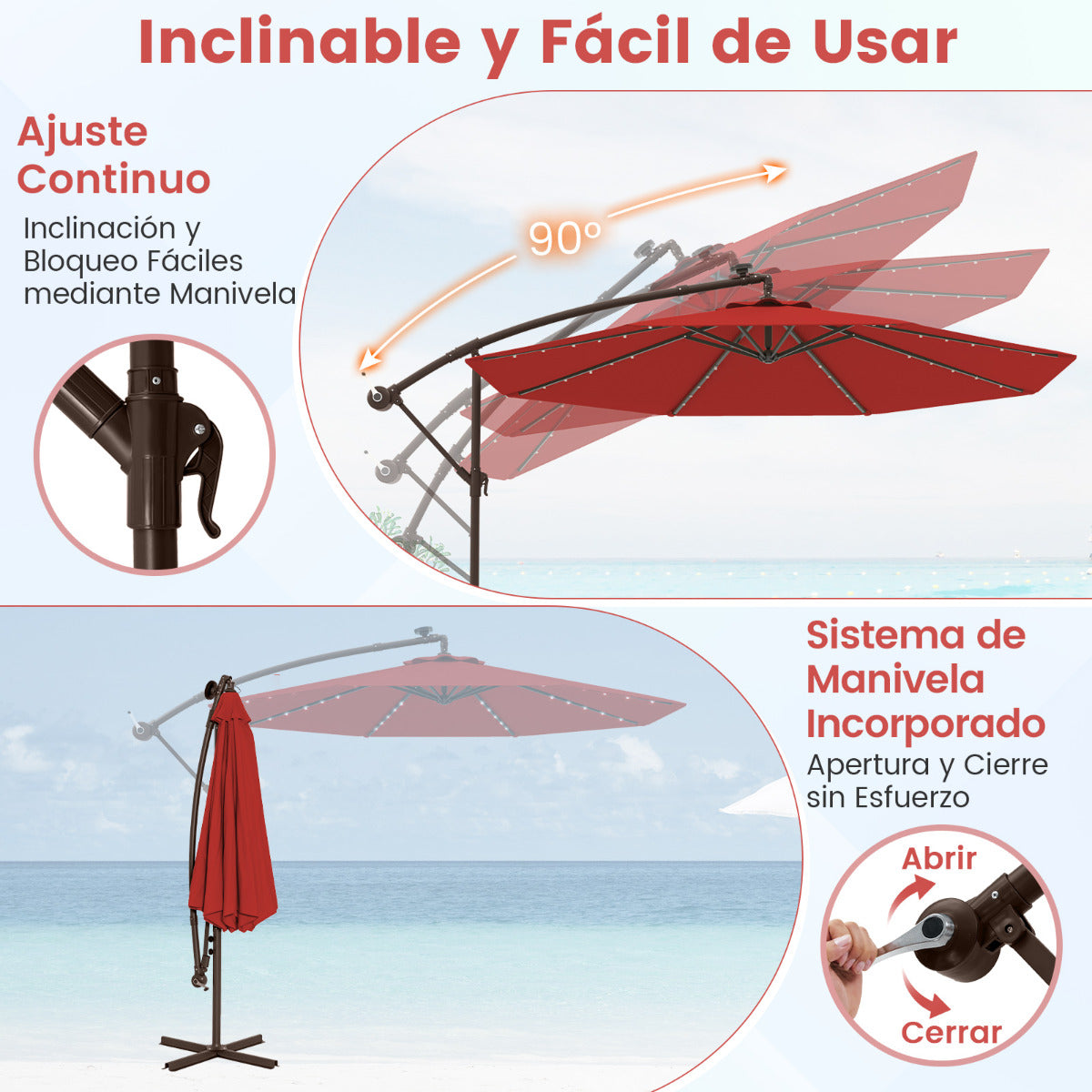 3m Sombrilla con Manivela 32 Luces LED Panel Solar Parasol Base Saco de Arena Toldo Impermeable para Playa Patio Jardín Piscina Rojo Vino