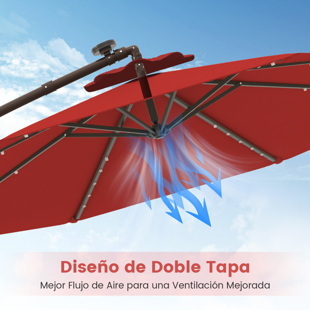 3m Sombrilla con Manivela 32 Luces LED Panel Solar Parasol Base Saco de Arena Toldo Impermeable para Playa Patio Jardín Piscina Rojo Vino
