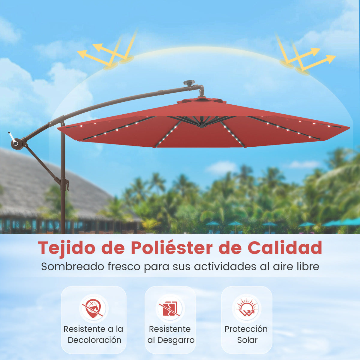 3m Sombrilla con Manivela 32 Luces LED Panel Solar Parasol Base Saco de Arena Toldo Impermeable para Playa Patio Jardín Piscina Rojo Vino