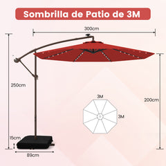 3m Sombrilla con Manivela 32 Luces LED Panel Solar Parasol Base Saco de Arena Toldo Impermeable para Playa Patio Jardín Piscina Rojo Vino