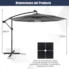 3M Sombrilla Colgante Solar con 40 Lámparas Panel Solar Ajuste de Inclinación Base Cruzada Sombrilla Iluminada para Patio Jardín Gris