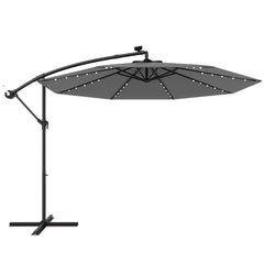 3M Sombrilla Colgante Solar con 40 Lámparas Panel Solar Ajuste de Inclinación Base Cruzada Sombrilla Iluminada para Patio Jardín Gris