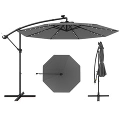 3M Sombrilla Colgante Solar con 40 Lámparas Panel Solar Ajuste de Inclinación Base Cruzada Sombrilla Iluminada para Patio Jardín Gris