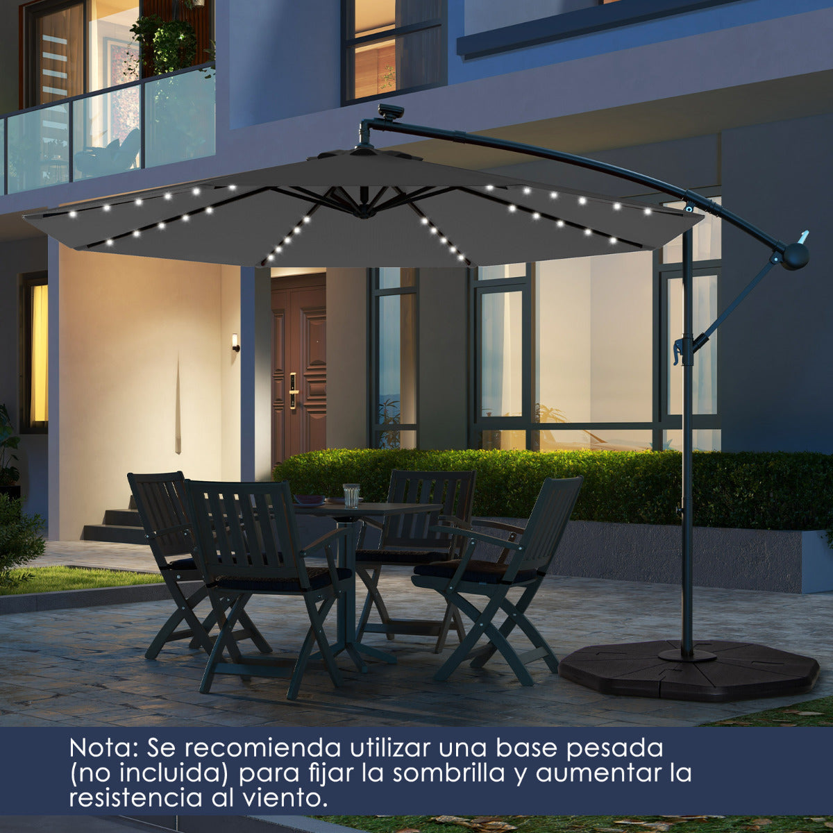 3M Sombrilla Colgante Solar con 40 Lámparas Panel Solar Ajuste de Inclinación Base Cruzada Sombrilla Iluminada para Patio Jardín Gris
