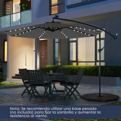 3M Sombrilla Colgante Solar con 40 Lámparas Panel Solar Ajuste de Inclinación Base Cruzada Sombrilla Iluminada para Patio Jardín Gris