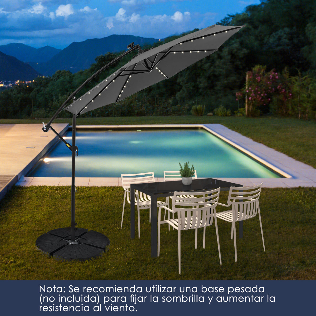 3M Sombrilla Colgante Solar con 40 Lámparas Panel Solar Ajuste de Inclinación Base Cruzada Sombrilla Iluminada para Patio Jardín Gris