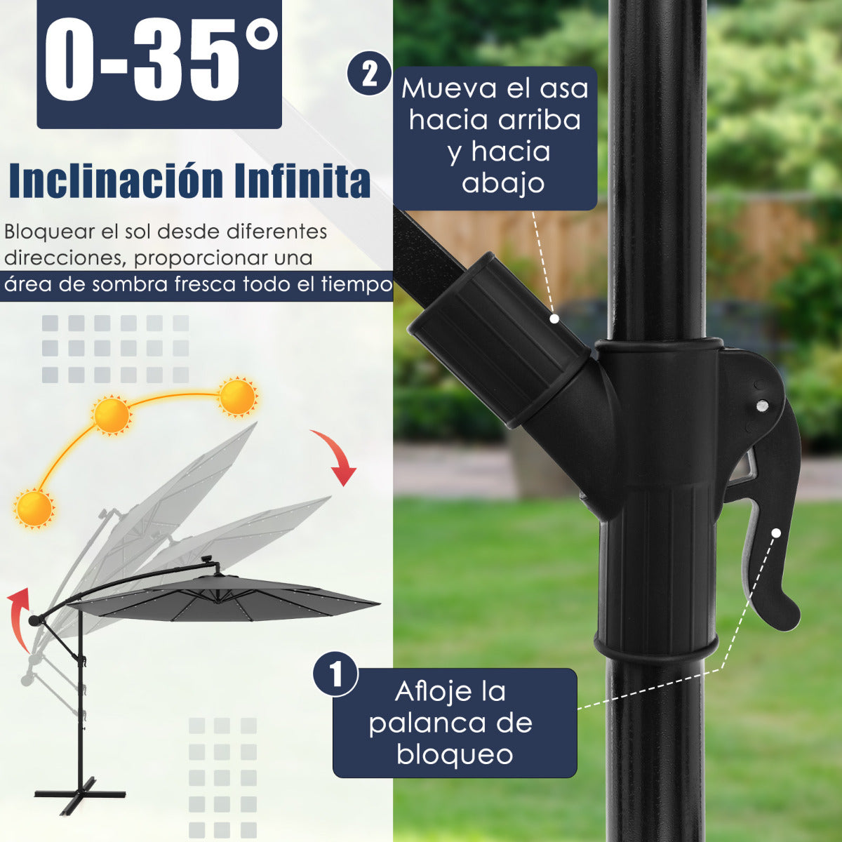 3M Sombrilla Colgante Solar con 40 Lámparas Panel Solar Ajuste de Inclinación Base Cruzada Sombrilla Iluminada para Patio Jardín Gris