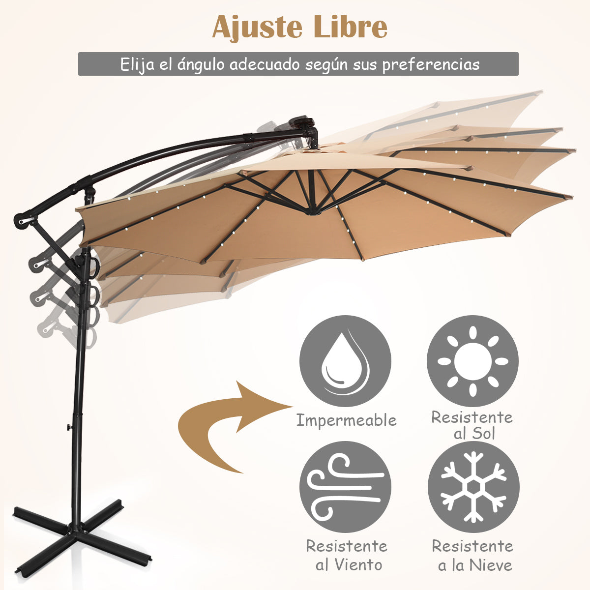 3m Sombrilla de Exterior Rotación de 360° con 32 Luces LED Fácil Ajuste de Inclinación Manivela Beige
