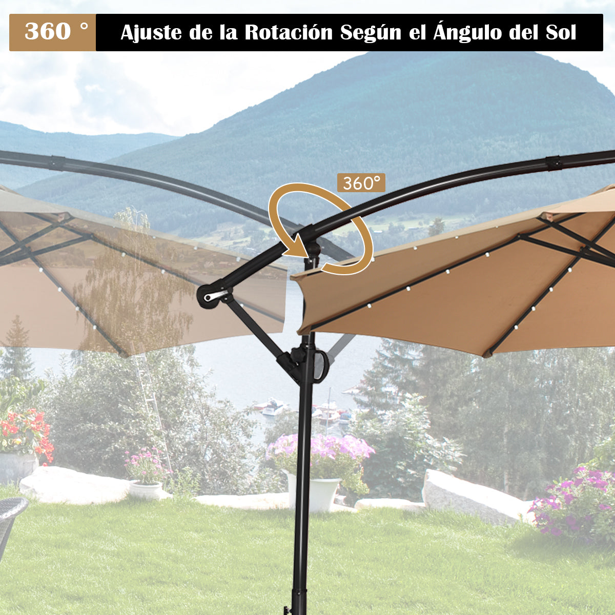 3m Sombrilla de Exterior Rotación de 360° con 32 Luces LED Fácil Ajuste de Inclinación Manivela Beige