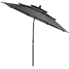 3m Sombrilla Autoinclinable 3 Niveles con Manivela para Exteriores Doble Ventilación de Aluminio para Mercado Patio Piscina Jardín Gris