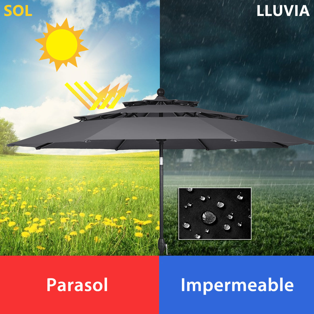 3m Sombrilla Autoinclinable 3 Niveles con Manivela para Exteriores Doble Ventilación de Aluminio para Mercado Patio Piscina Jardín Gris