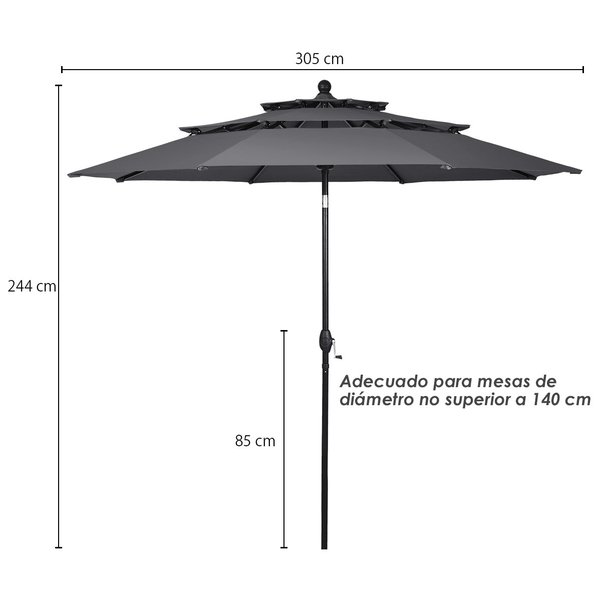 3m Sombrilla Autoinclinable 3 Niveles con Manivela para Exteriores Doble Ventilación de Aluminio para Mercado Patio Piscina Jardín Gris