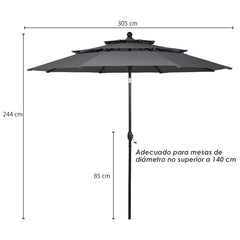3m Sombrilla Autoinclinable 3 Niveles con Manivela para Exteriores Doble Ventilación de Aluminio para Mercado Patio Piscina Jardín Gris