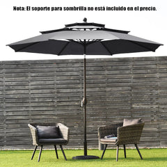 3m Sombrilla Autoinclinable 3 Niveles con Manivela para Exteriores Doble Ventilación de Aluminio para Mercado Patio Piscina Jardín Gris