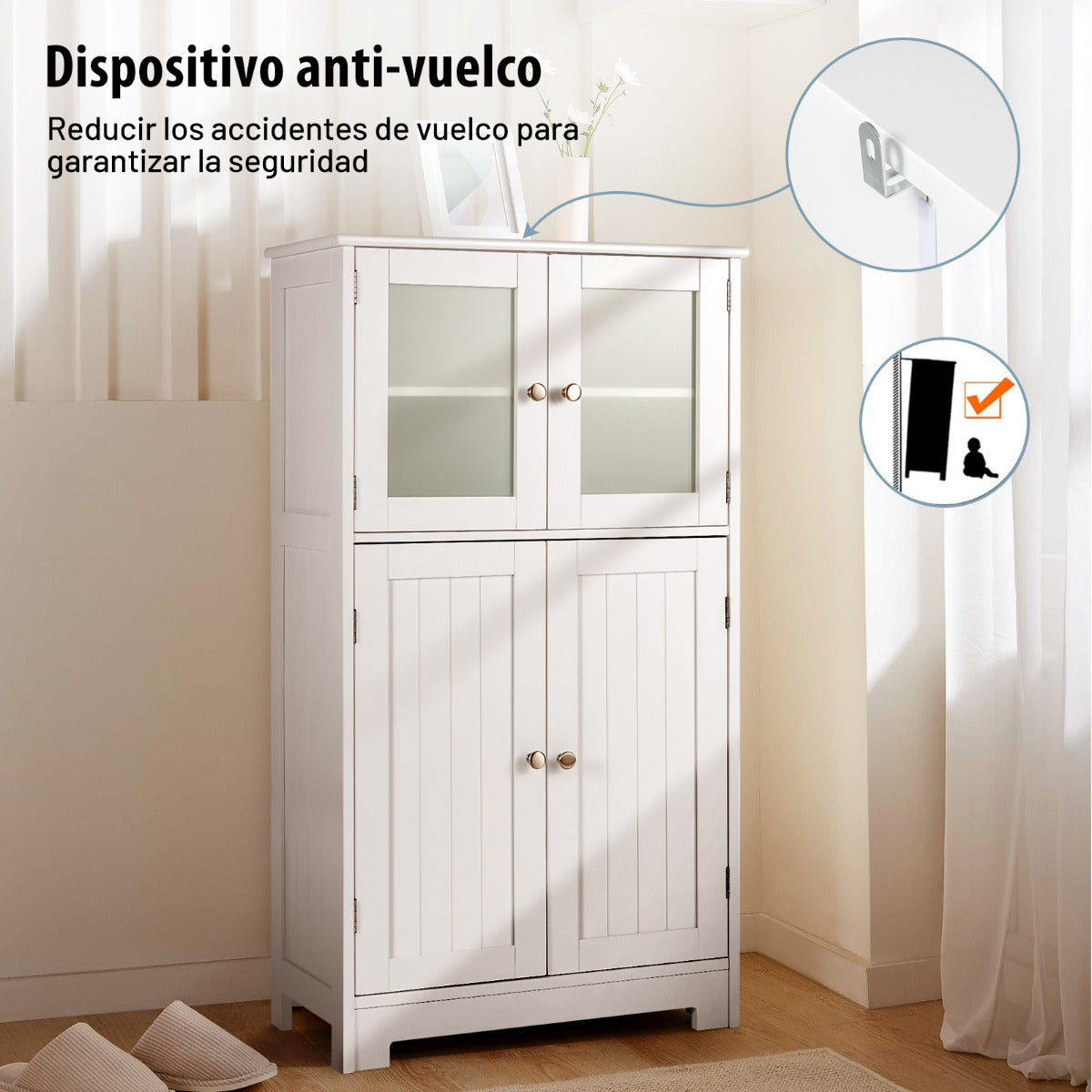 Armario del Baño Organizador Multiuso Antivuelco con 4 Puertas de Vidrio Repisas Regulables para Salón Cocina Pasillo Blanco 58 x 30 x 109 cm