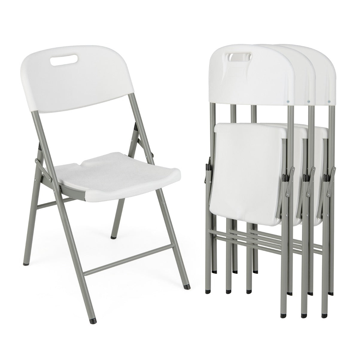 4 Sillas Plegables Asientos de Plástico Portátiles con Estructura de Metal y Manija de Transporte 58 x 45,5 x 84 cm Blanco