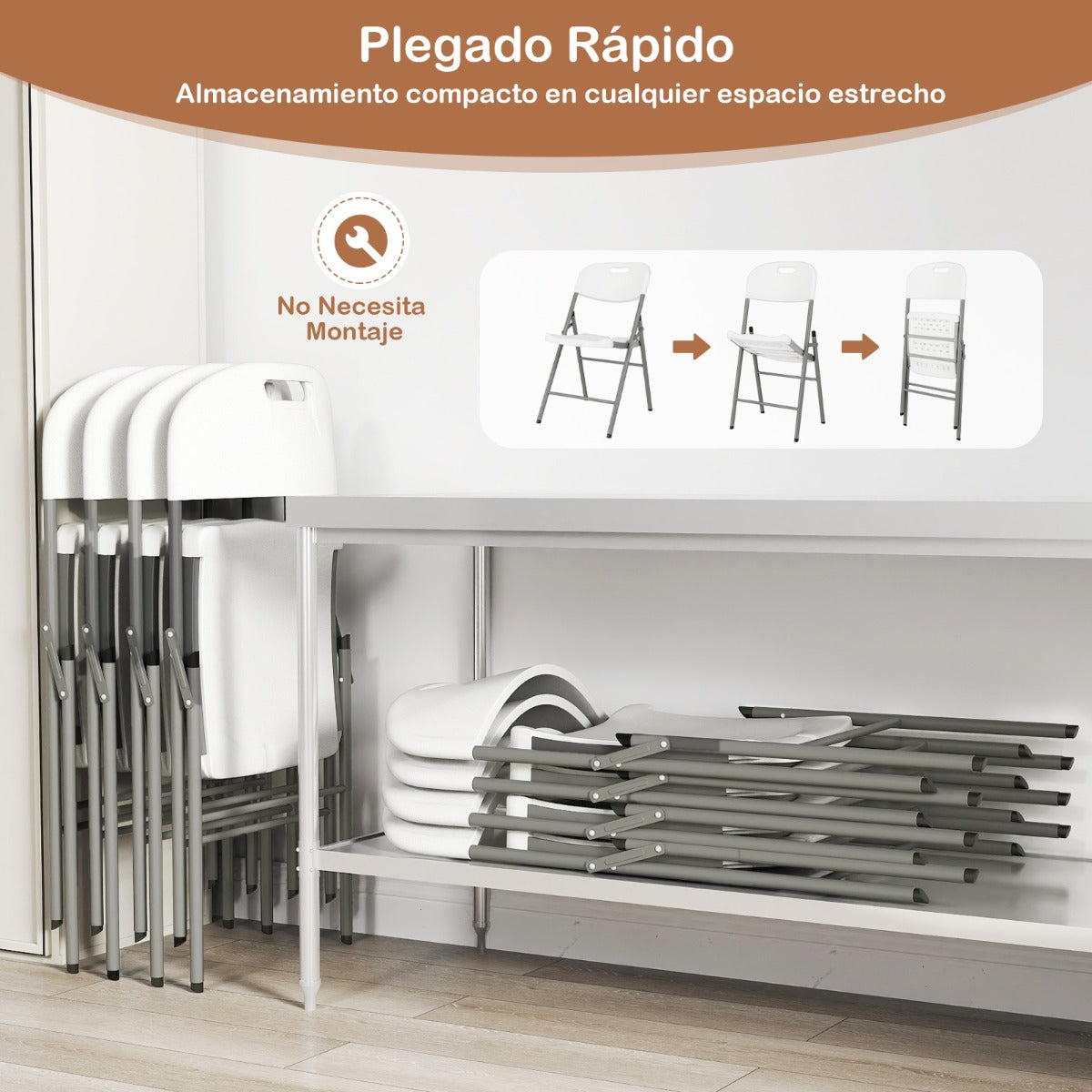 4 Sillas Plegables Asientos de Plástico Portátiles con Estructura de Metal y Manija de Transporte 58 x 45,5 x 84 cm Blanco