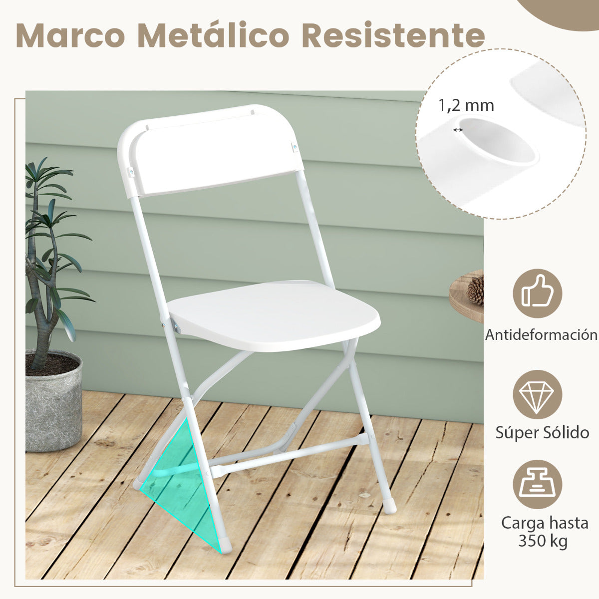 4 Sillas Plegables Portátil para Patio con Asiento y Respaldo de Plástico Marco de Metal Carga 350 kg Ligeras para Hogar Oficina Bodas