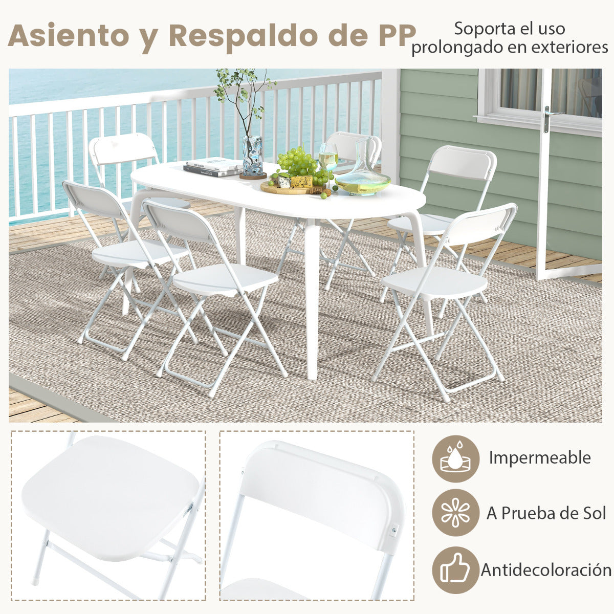 4 Sillas Plegables Portátil para Patio con Asiento y Respaldo de Plástico Marco de Metal Carga 350 kg Ligeras para Hogar Oficina Bodas