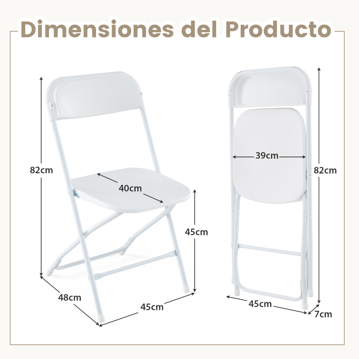4 Sillas Plegables Portátil para Patio con Asiento y Respaldo de Plástico Marco de Metal Carga 350 kg Ligeras para Hogar Oficina Bodas