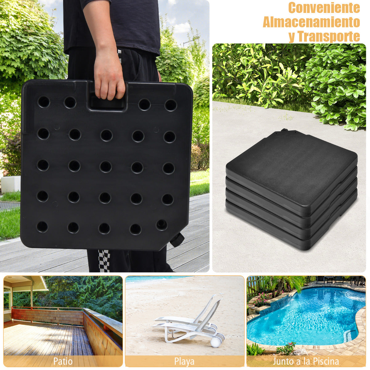 13 L 4 Soportes de Sombrilla Exterior Base para Sombrilla Rellenable de Arena y Agua HDPE Pie Sombrilla Cuadrada con Boquillas de Llenado