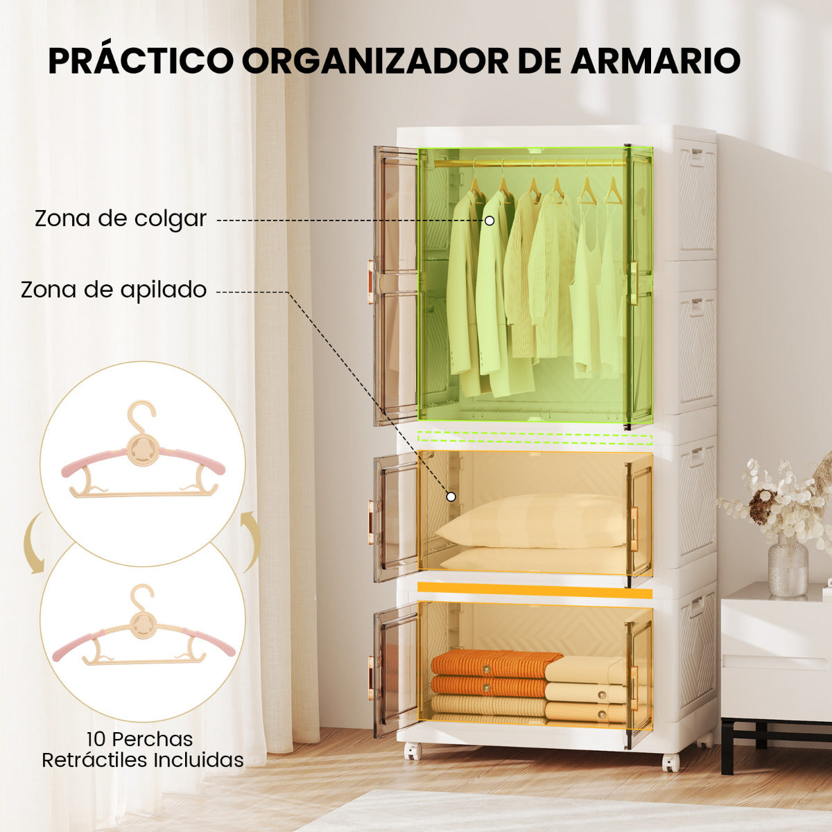 421 L Contenedores de Almacenamiento Plegables con Tapa Organizador de Armario de Plástico Portátil con 10 Perchas Ruedas Blanco