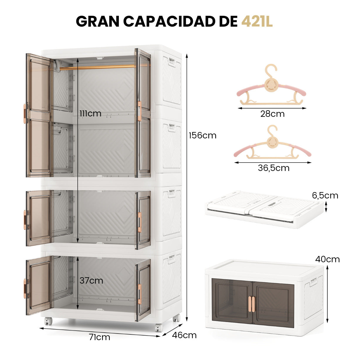 421 L Contenedores de Almacenamiento Plegables con Tapa Organizador de Armario de Plástico Portátil con 10 Perchas Ruedas Blanco