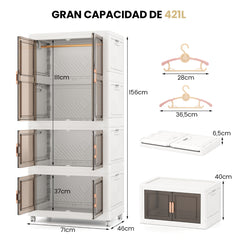 421 L Contenedores de Almacenamiento Plegables con Tapa Organizador de Armario de Plástico Portátil con 10 Perchas Ruedas Blanco