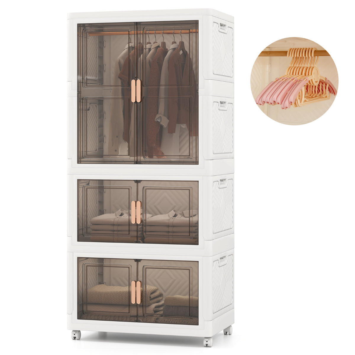 421 L Contenedores de Almacenamiento Plegables con Tapa Organizador de Armario de Plástico Portátil con 10 Perchas Ruedas Blanco